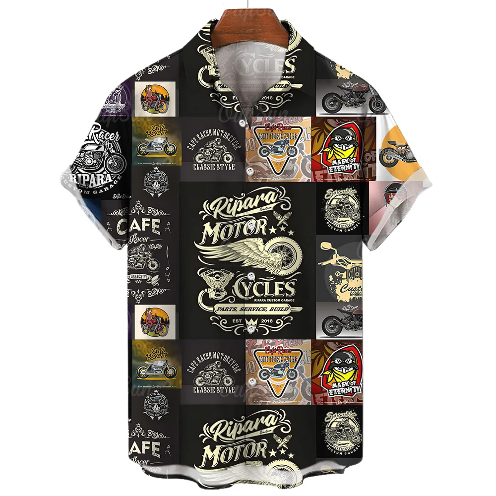 Vintage Men\'s Shirts Motorcycle Tees Route 66 Print Short Sleeve Top Summer Clothing Multiple Pattern Shirt Oversized Streetwear