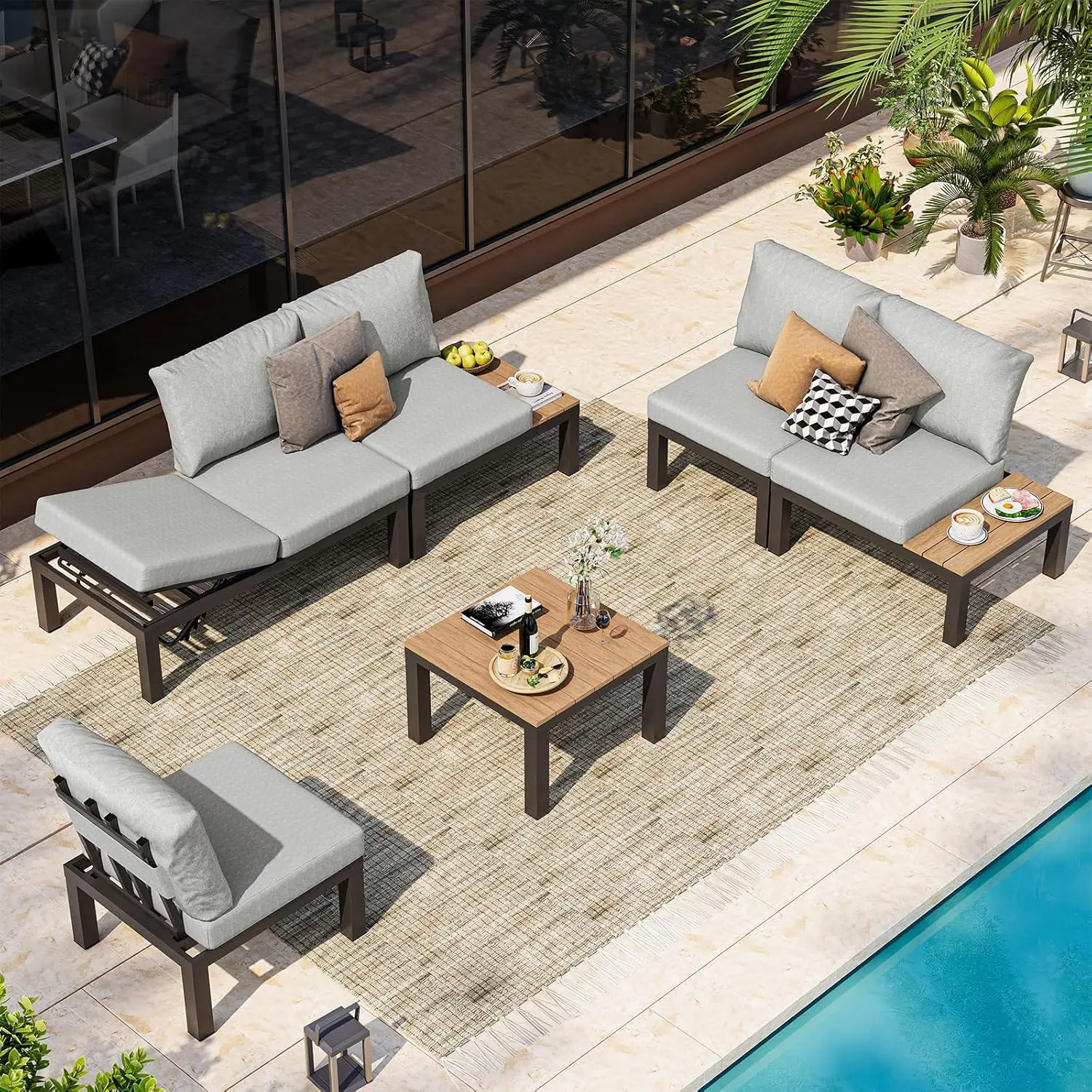 

Алюминиевый модульный комплект уличной мебели для патио, 6-местный секционный диван для патио с регулируемой спинкой и толстыми подушками, на заказ