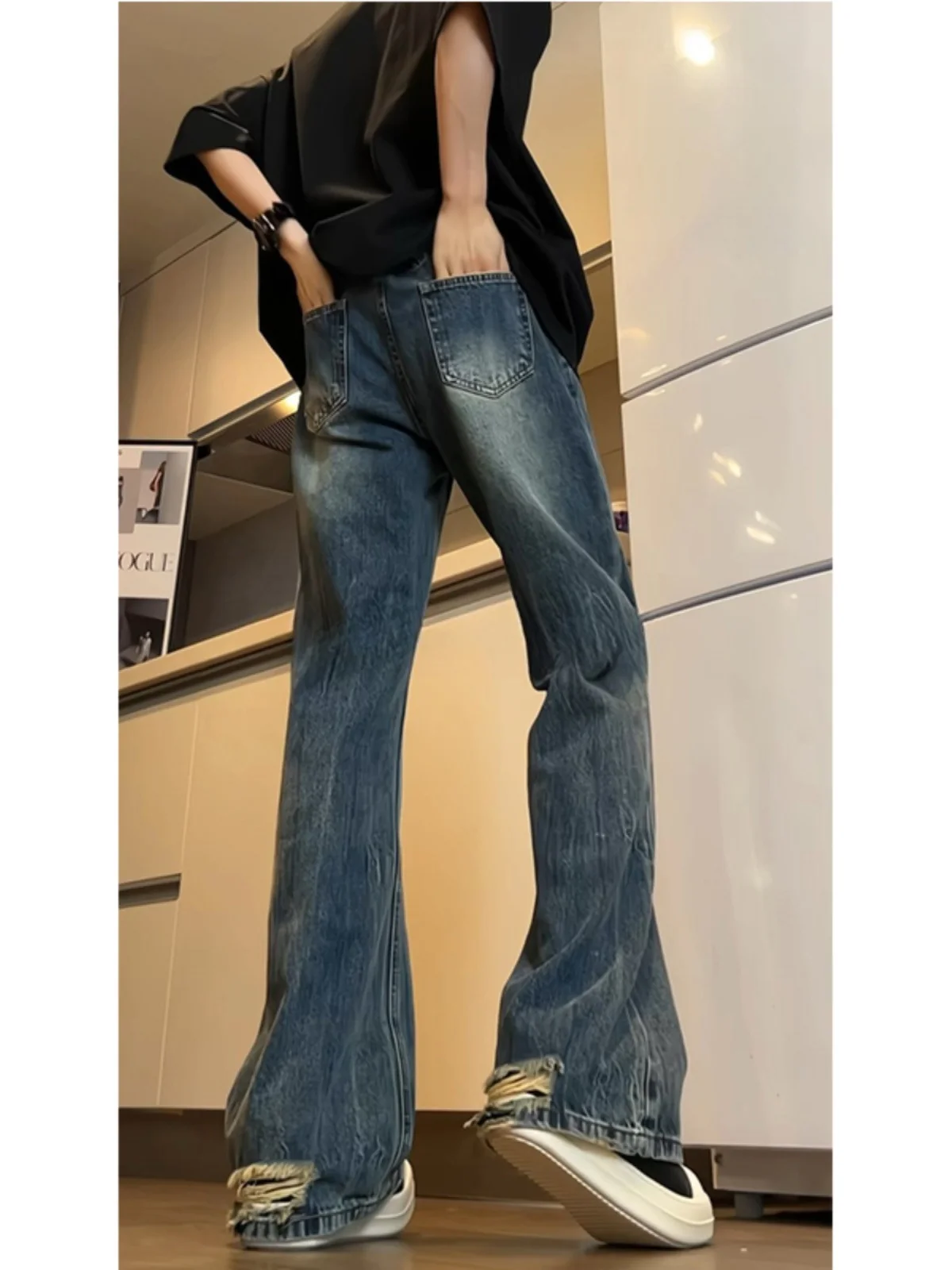 

Мужские джинсы в стиле ретро, синие, с высокой талией, прямые, с легким расклешением, молодежный тренд, весенние, из смесового хлопка, деним