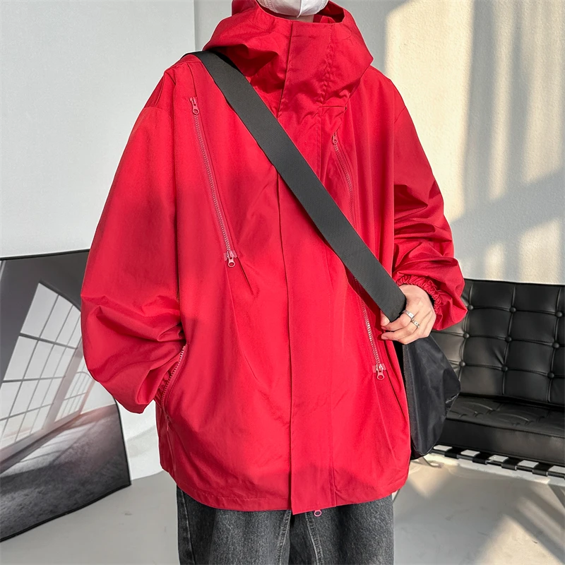 

Fashion Oversized Jackets Men Waterproof Hooded Windbreaker Zipper Tactical Outerwear Coats Hip Hop Streetwear Clothes Black Red