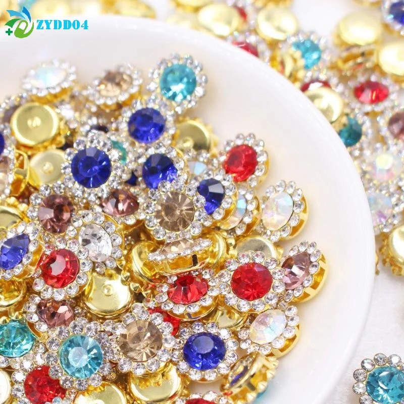 

● 50 шт. 10/12 мм круглые хрустальные стеклянные швейные камни, клеевые стразы с когтями, Золотая основа, пуговицы, пришивные стразы для поделок своими руками