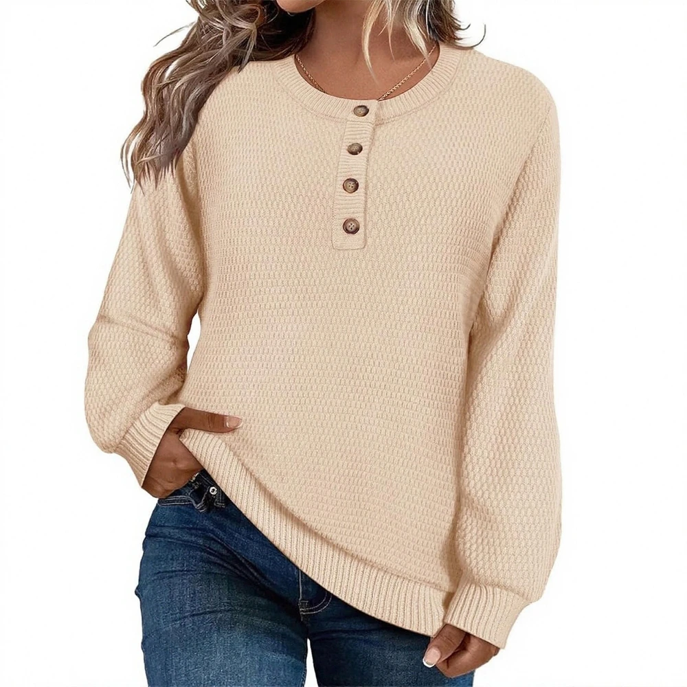 

Women's Pure Color Long-Sleeved round Neck Pullover Knitwear Button Detail Autumn Winter Top European American Style