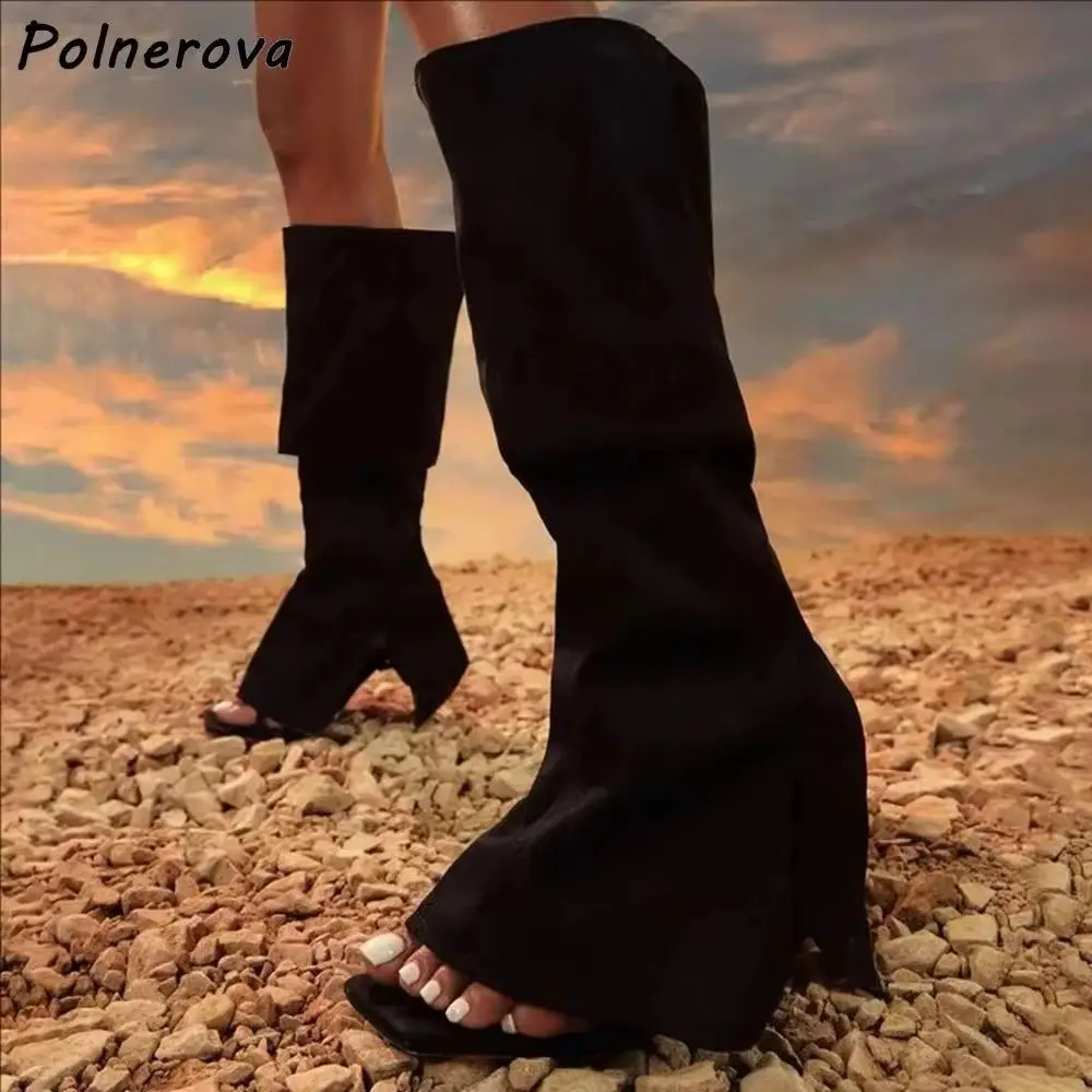 Wide Calf Hollow Sandals Boots Two Way Wear Square Toe Thin Heels Solid Knee High Boots Women All Match Sexy Street Style Shoes