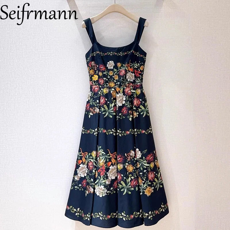 

Seifrmann 2026, весеннее женское новое модное хлопковое платье высокого качества с принтом на талии и подтяжками