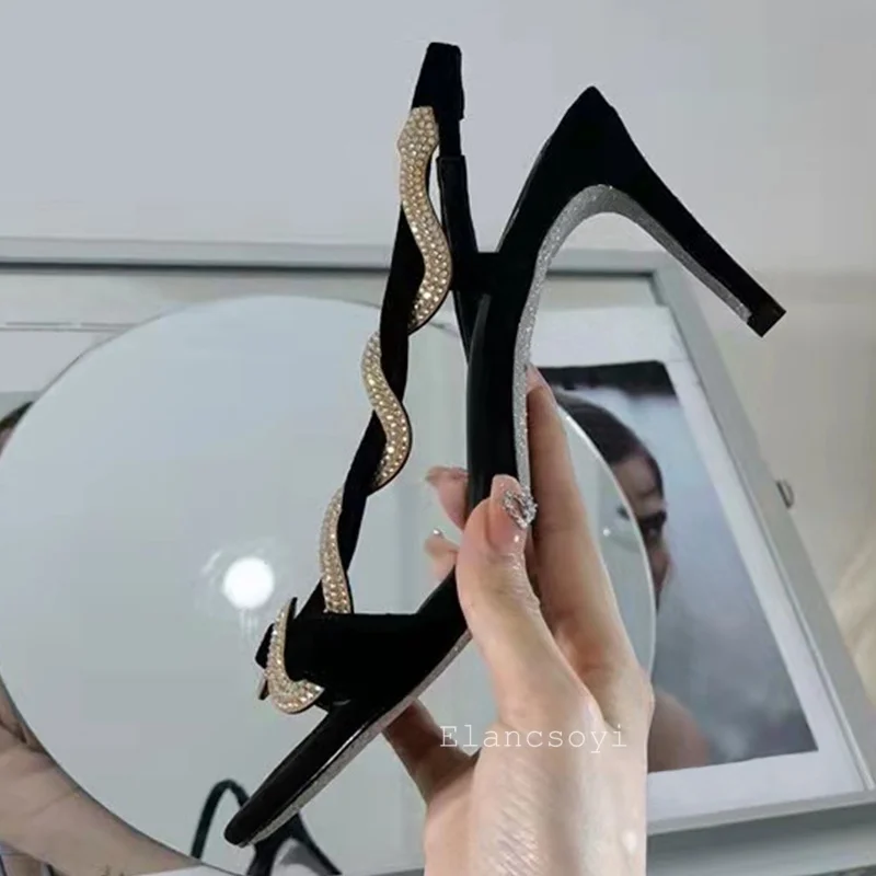 Sandalias Women's Shiny Rhinestone Snake Shaped Winding Banquet Shoes Summer Thin Heels Back Strap Sexy High Heels Sandals