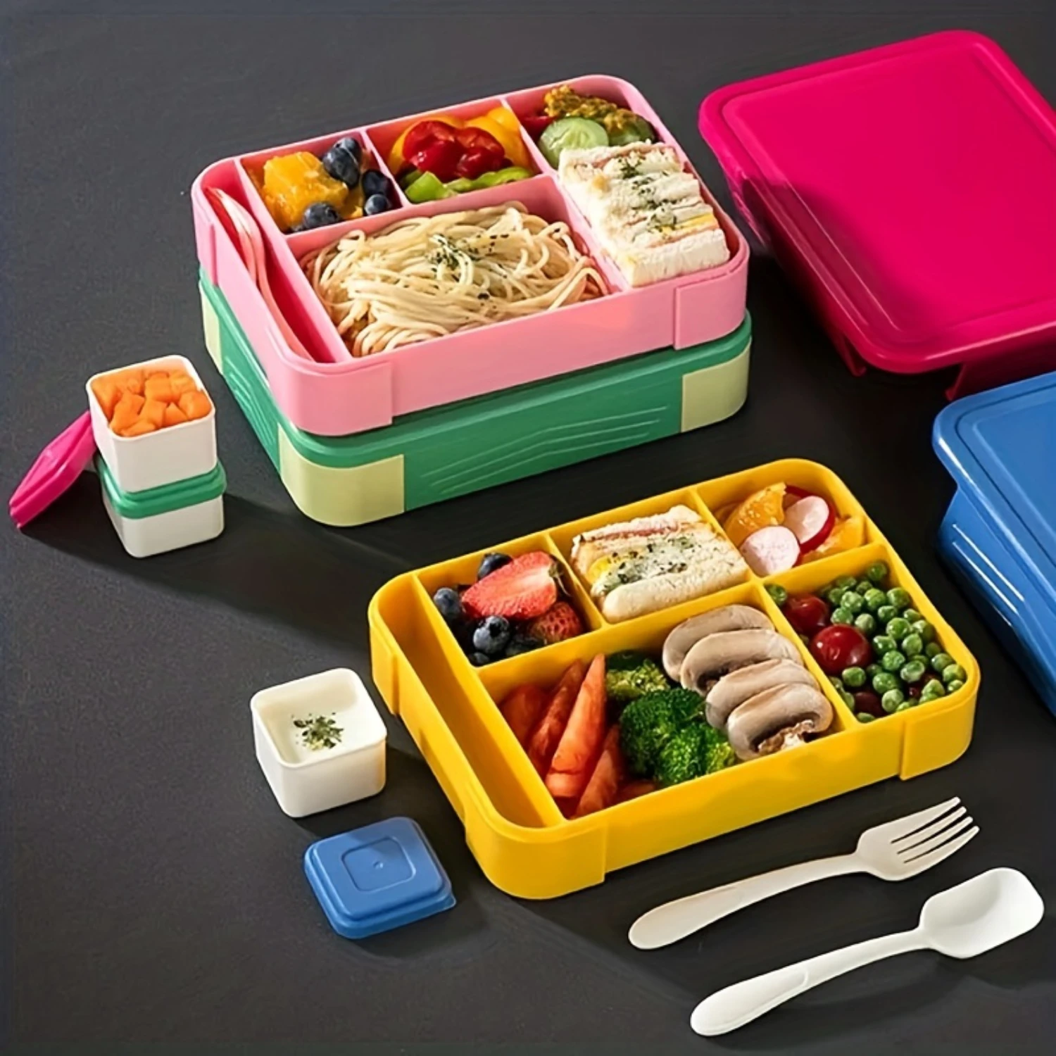 1pc, Multi-Compartment Bento Lunch Box, Plastic Salad Container With Dividers, Microwave-Safe Meal Tray, Leak-Proof Food  For Wo