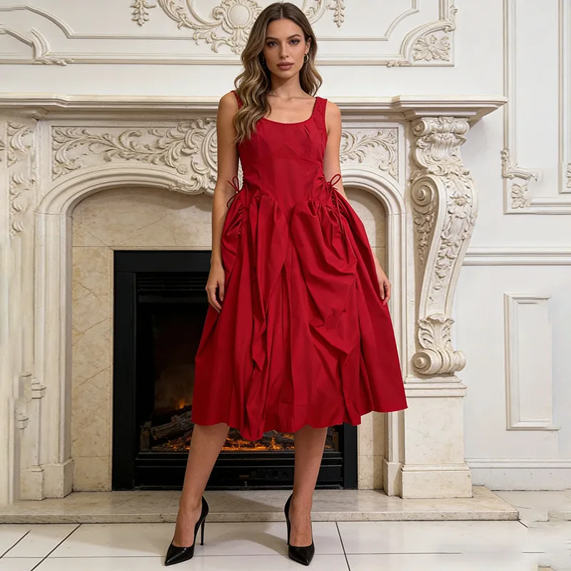 High Quality Drawstring Wrinkles Long Dresses Spring Women Sleeveless Big Swing Loose Dress Autumn High Waist Knee Length Dress