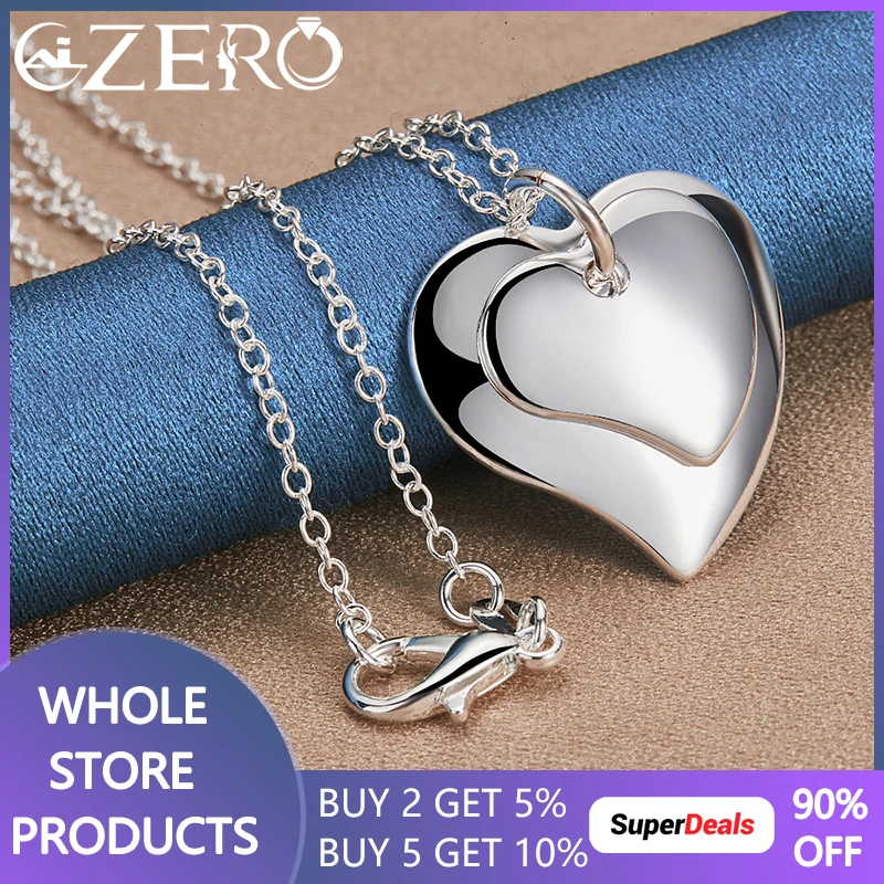 ALIZERO 925 Sterling Silver Double Heart Shaped Pendant Necklace 16-30 Inch Chain For Women Men Fashion Party Wedding Jewelry