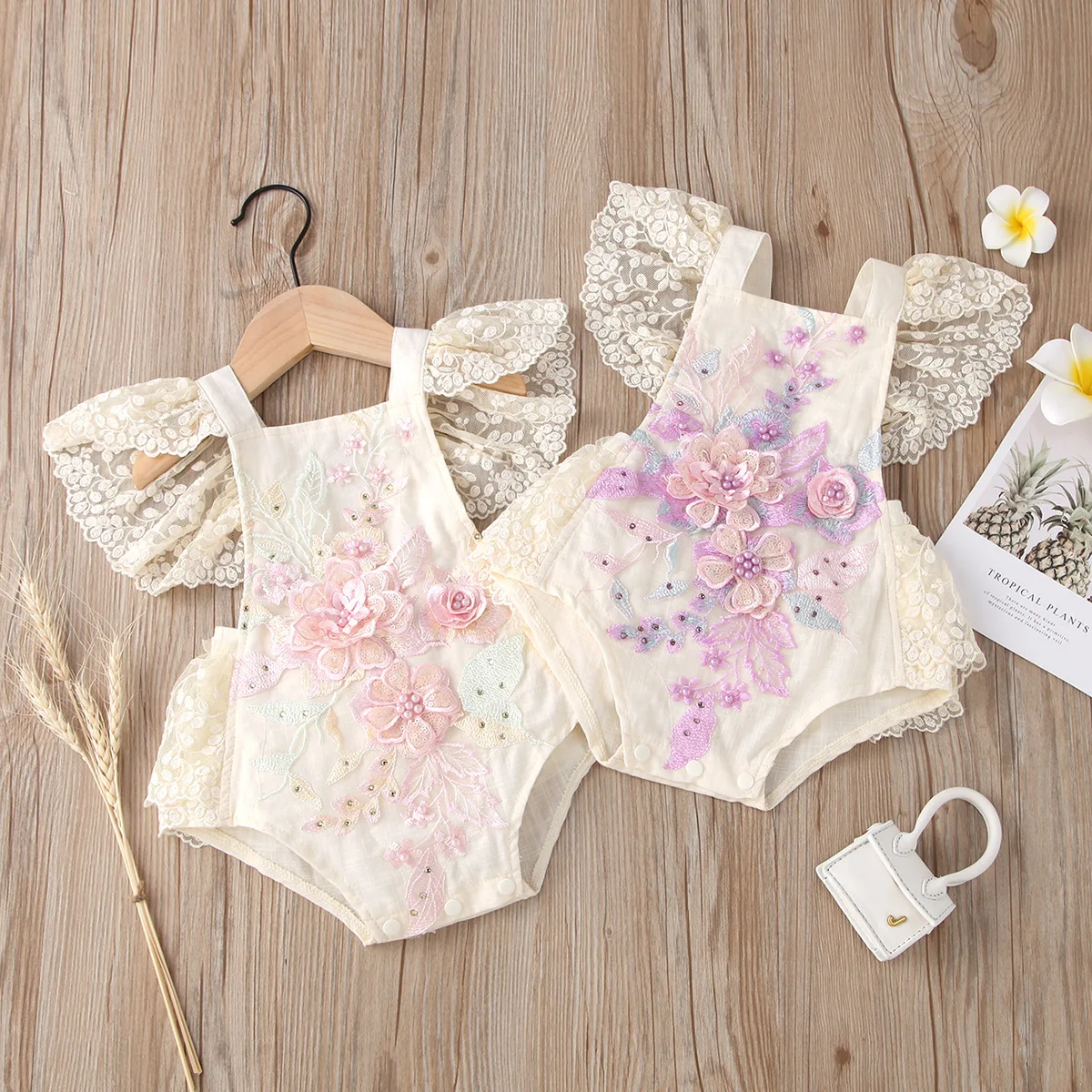 

Summer Newborn Baby Girls Lace Romper Toddler Fly Sleeve Square Collar Playsuit Floral Jumpsuit