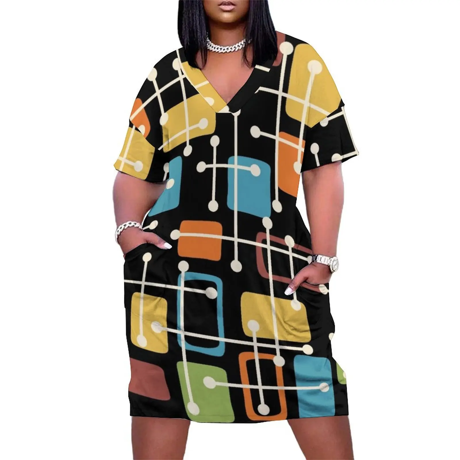 

Mid Century Modern Abstract Art Loose Pocket Dress Female clothing luxury dress