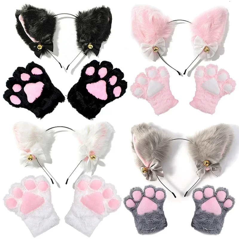 1 Set Cute Cat Ear Hair Wear Claw Gloves Girls Anime Cosplay Costume Plush Bell Cat Fur Ear Hairband Night Party Club Headbands