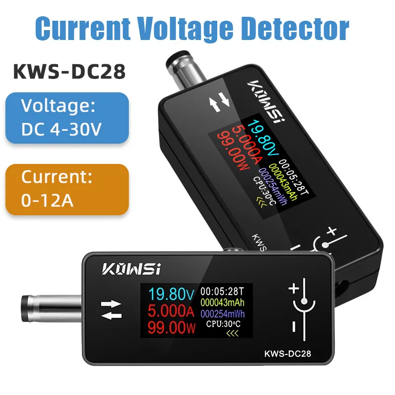 KWS-DC28 4-30V 12A Voltage Current Tester 0.96 inch TFT HD Color Screen Digital Voltmeter Ammeter Power Bank Charger Indicator
