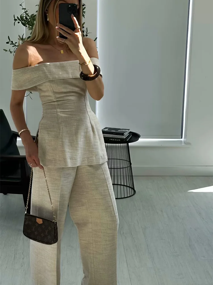 TRAFZA Fashion Women Solid Top Pant Sets 2024Autumn Office Lady Off Shoulder Sleeveless Corset Tops Zipper Straight Pant Suits