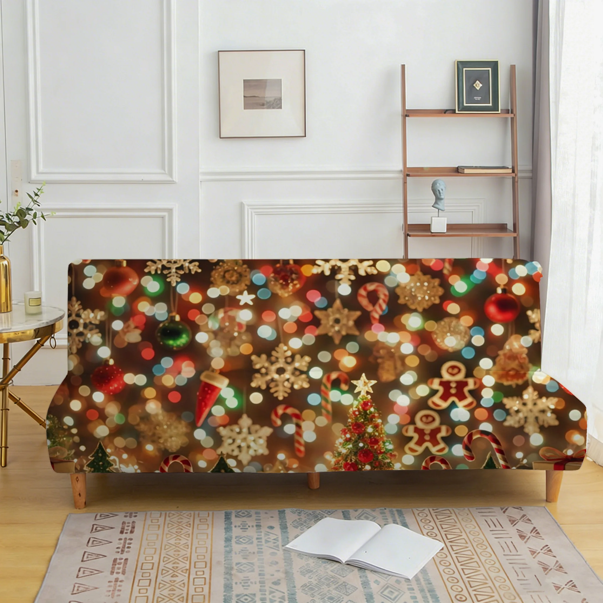 1PC Christmas sparkling lights printed elastic folding sofa bed cover Christmas holiday decoration, sofa bed without armrests