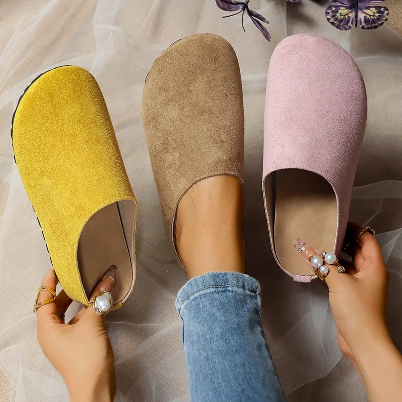 Chinelos femininos dedo do pé fechado dedo do pé redondo camurça tamancos mules primavera outono retro grosso sola inferior chinelos femininos zapatos de mujer