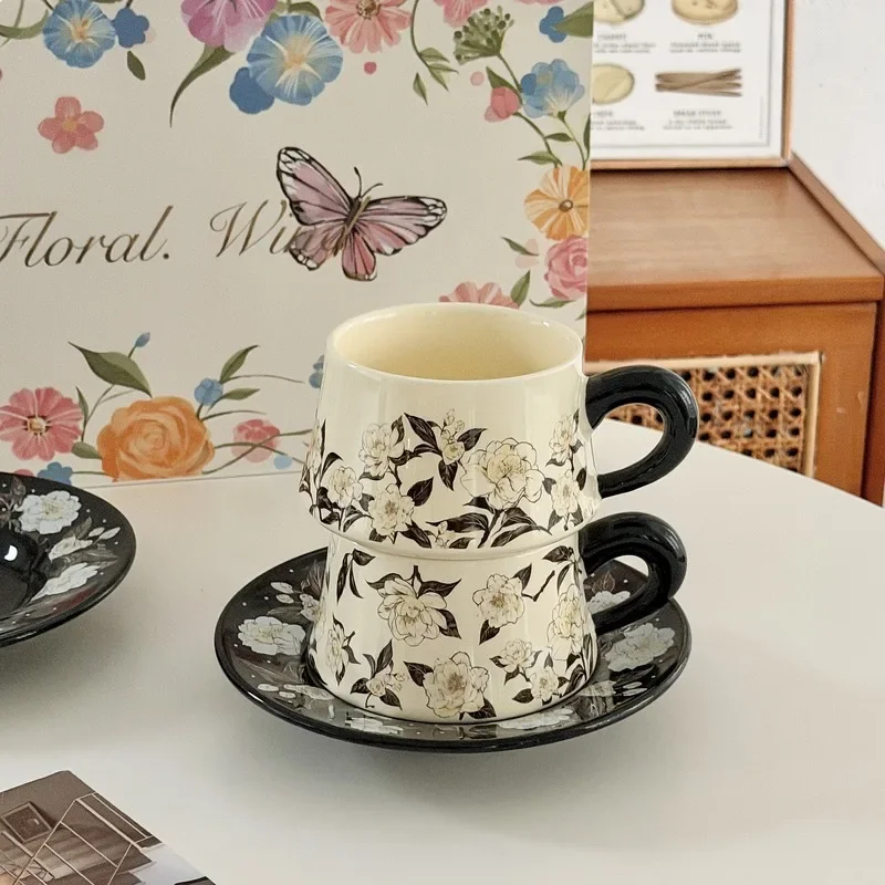 Light Luxury Camellia Coffee Cup Saucer Set High Appearance Ceramic Office Water Mug Premium Gift Box Souvenir Porcelain