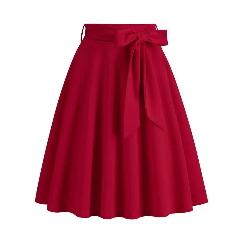 Retro Hebe Pocket  Knot Waist Belt Women's Skirt Cross-Border Fashion mid Waist Gored Skirt Batwing Type