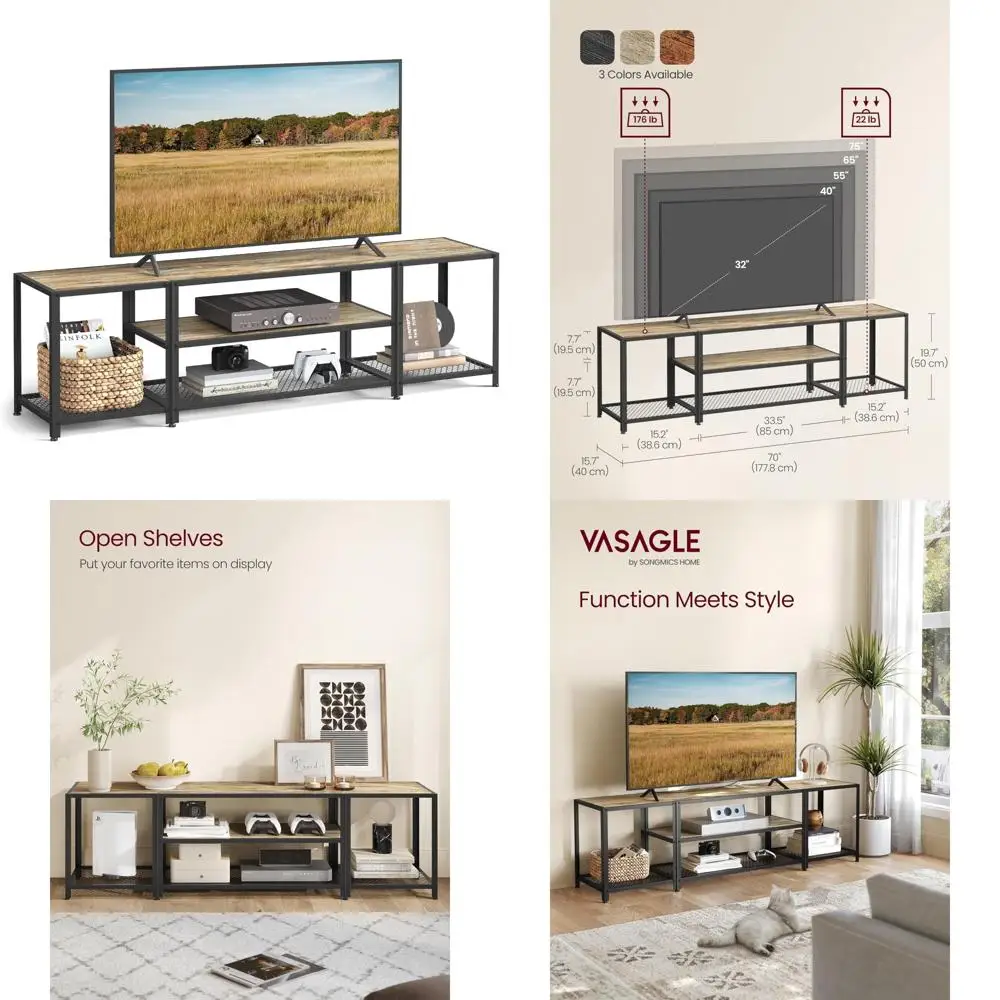 Industrial 3-Tier TV Stand for 75-Inch TVs, Modern Entertainment Center with Open Storage, VASAGLE Console Table for Living Room