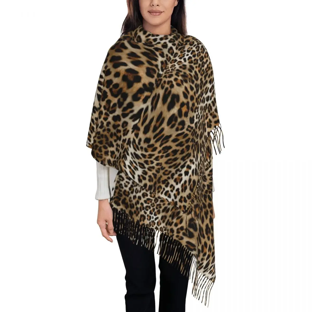 Leopard Scarf for Women Winter Warm Pashmina Shawls and Wrap Animal Fur Skin Texture Large Scarves with Tassel for Evening Dress