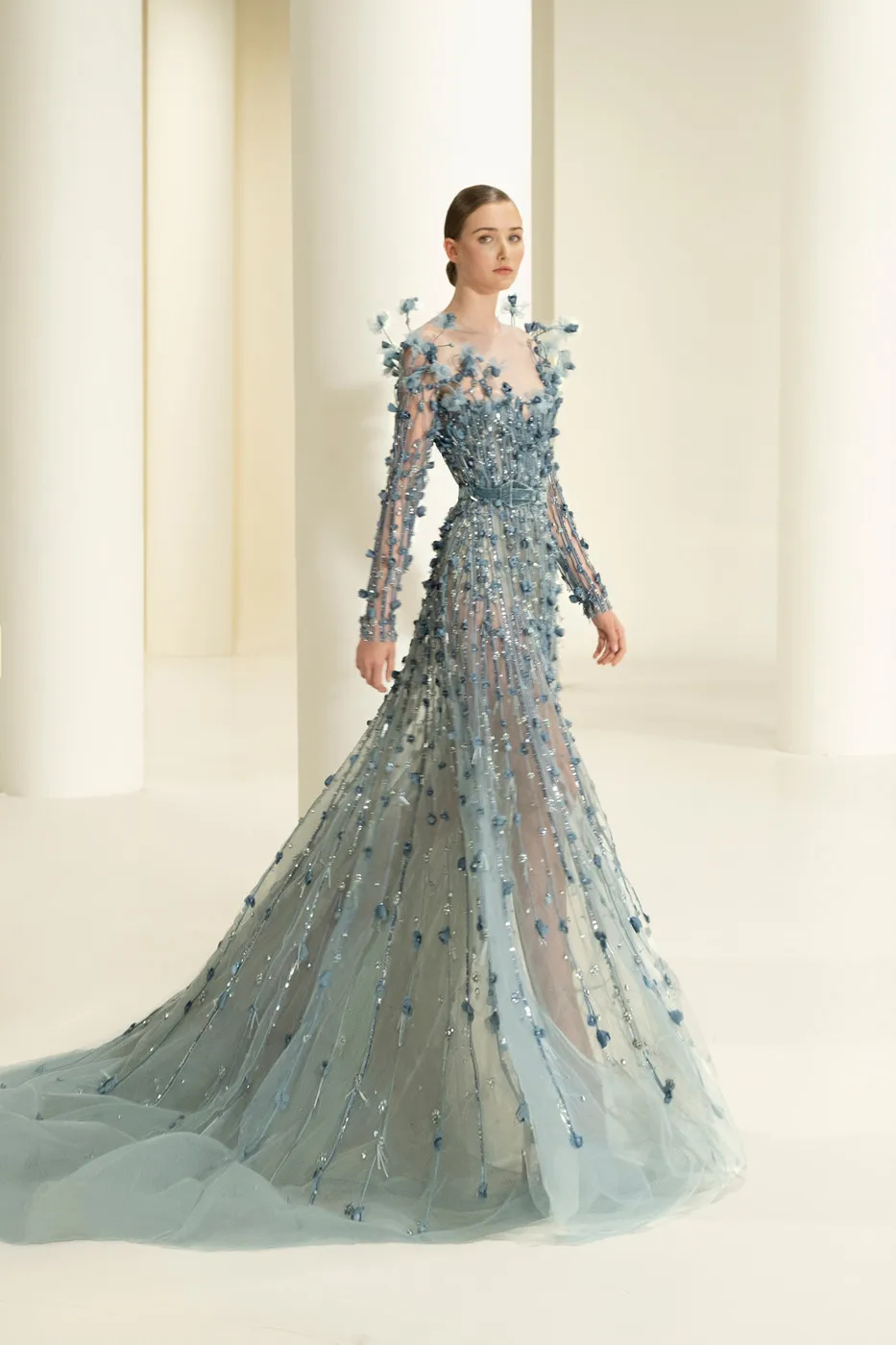 Elie Saab Blue Long Sleeves Beaded Flowers A-line  فساتين السهرة vestidos de fiesta  فساتين سهره evening dresses