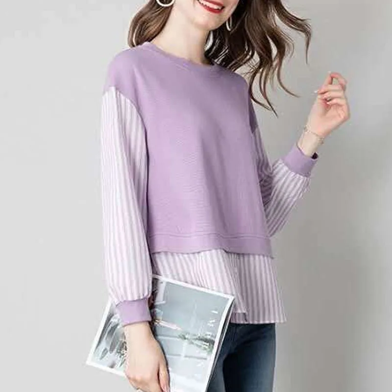 Spring Fashion Trend Round Neck Stripe Fake Two Piece Panel Loose Versatile Simple Age Reducing Casual Women\'s Long Sleeve Sweat