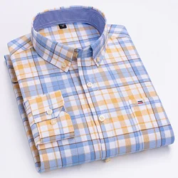 Camisas de manga comprida Oxford xadrez masculinas, com botão, 100% algodão, casual para negócios, formal, ajuste padrão, vestuário de trabalho