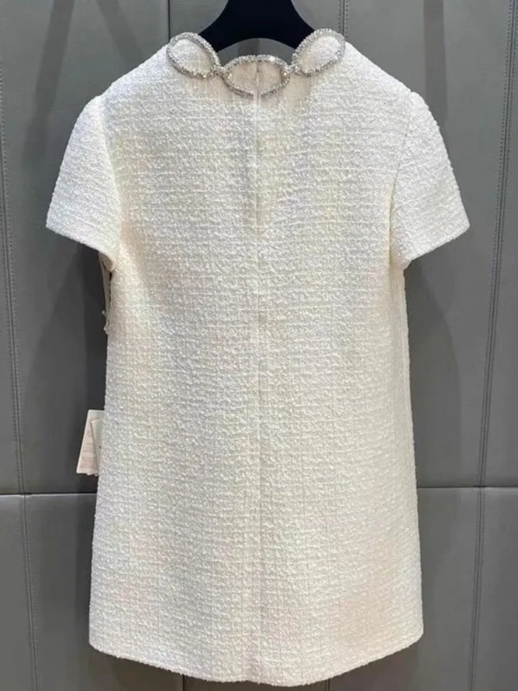 Vestido feminino reto de manga curta de Tweed, vestido feminino, gola O, diamantes, zíper, casual, escritório, estilo francês, moda feminina