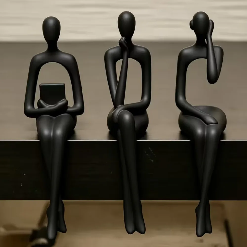 3Pcs Minimalist Abstract Sitting Human Sculpture Set Long Leg Handmade Hollow Reading Thinking Figurine 3D Printed Plastic