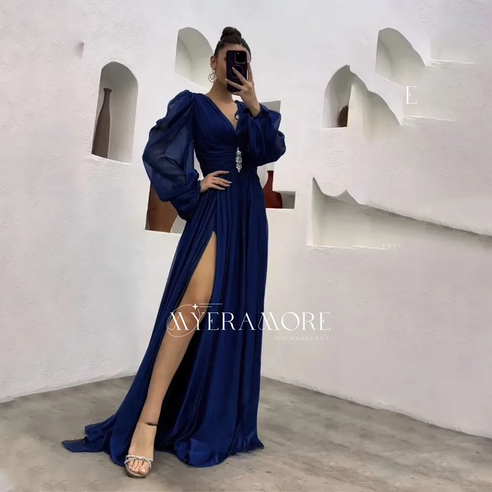 

Women's Elegant Evening Dresses V-Neck Long Sleeve Applique Pleated Formal Prom Dresses for Women Wedding Guest Gowns Customized