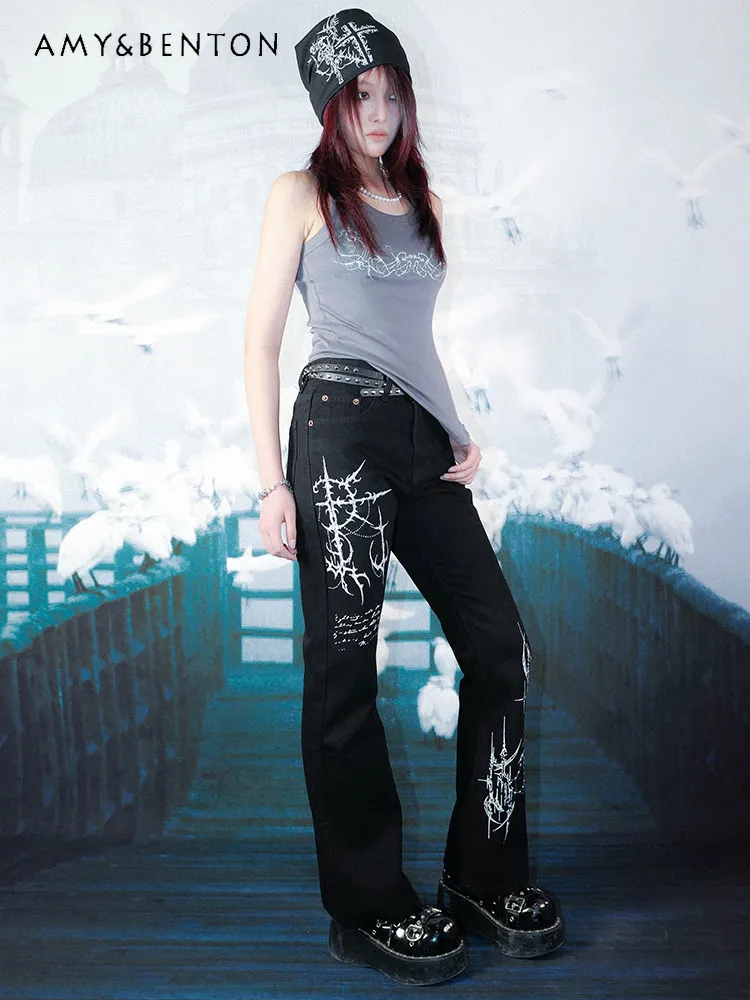 

Новые весенне-осенние джинсы унисекс в стиле темной готики, уличный стиль, с высокой талией, черные, длинные, расклешенные, облегающие