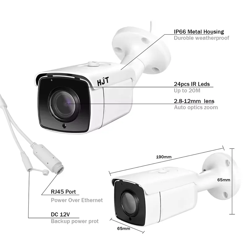 HJT POE-Caméra de surveillance avec vision nocturne, n'aime optique 5x, détection de mouvement, sécurité CCTV, carte TF Camhi, 5MP, 2.7-13.5mm, 30mIR