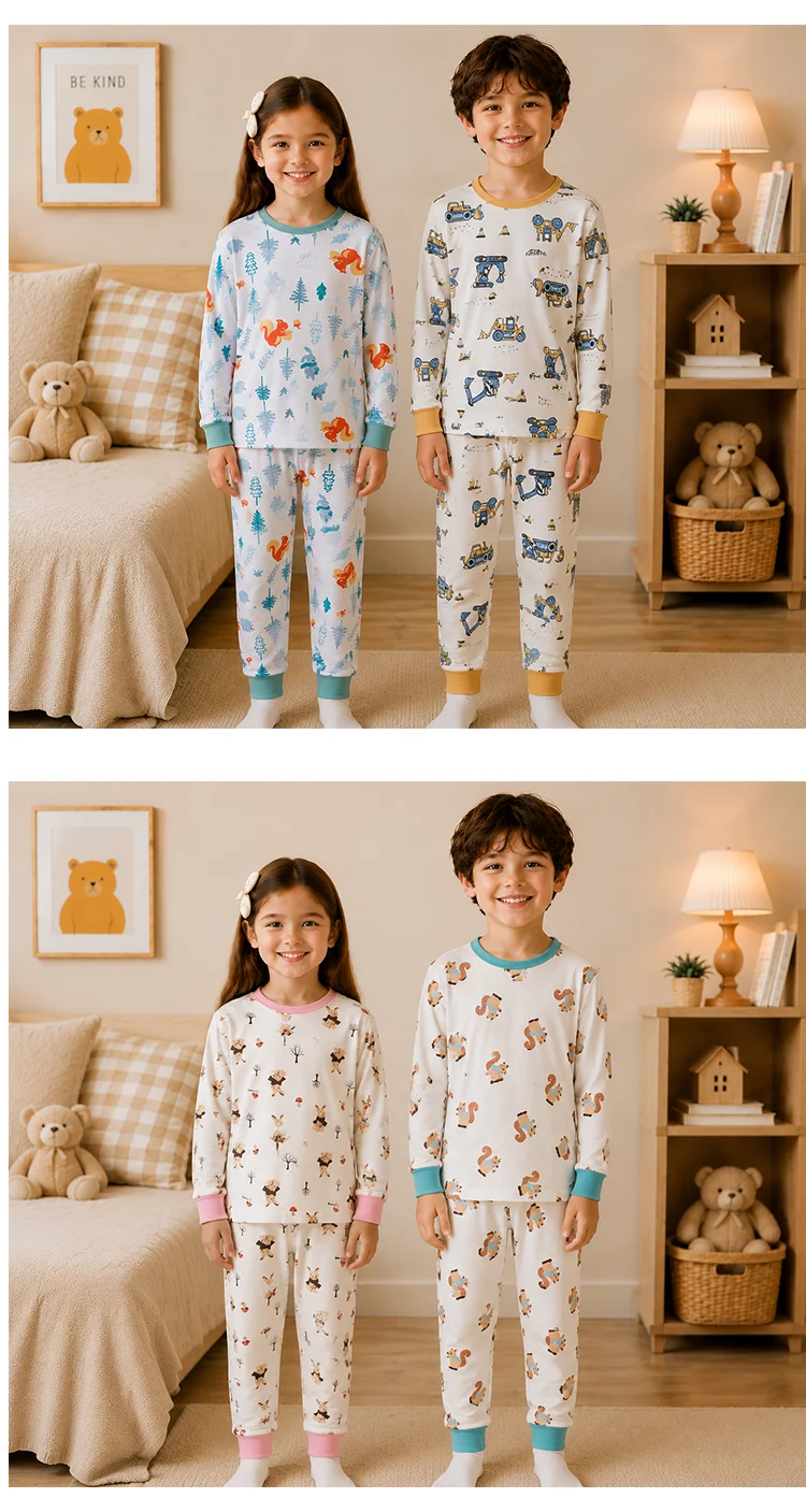 2026 Jungen Mädchen Herbst Reine Baumwolle Schlafanzug Kinder Cartoon-Print Langarm T-Shirt Oberteil + Hose Pyjama Baby Unterwäsche Kleidung – Detail 3