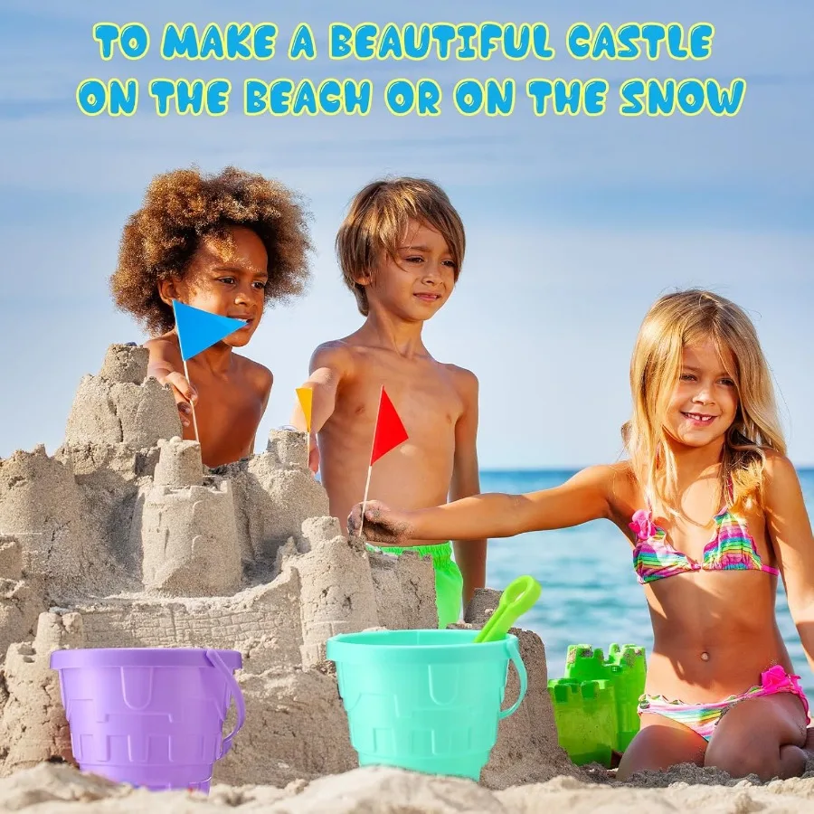 Paquet de 24 seaux de sable de 7.5 pouces en vrac pour enfants, seaux de plage en plastique avec pelles, moule de château de plage amusant, jouets de sable pour piscine d'été