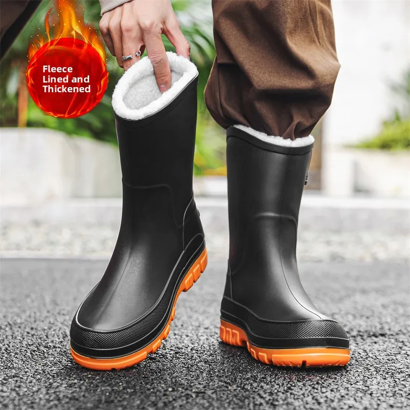 Men's Winter Fleece Lined Mid-Calf Rain Boots Anti-Slip Waterproof Work Rubber Boots Car Wash Fishing Outdoor Wear Water Shoes