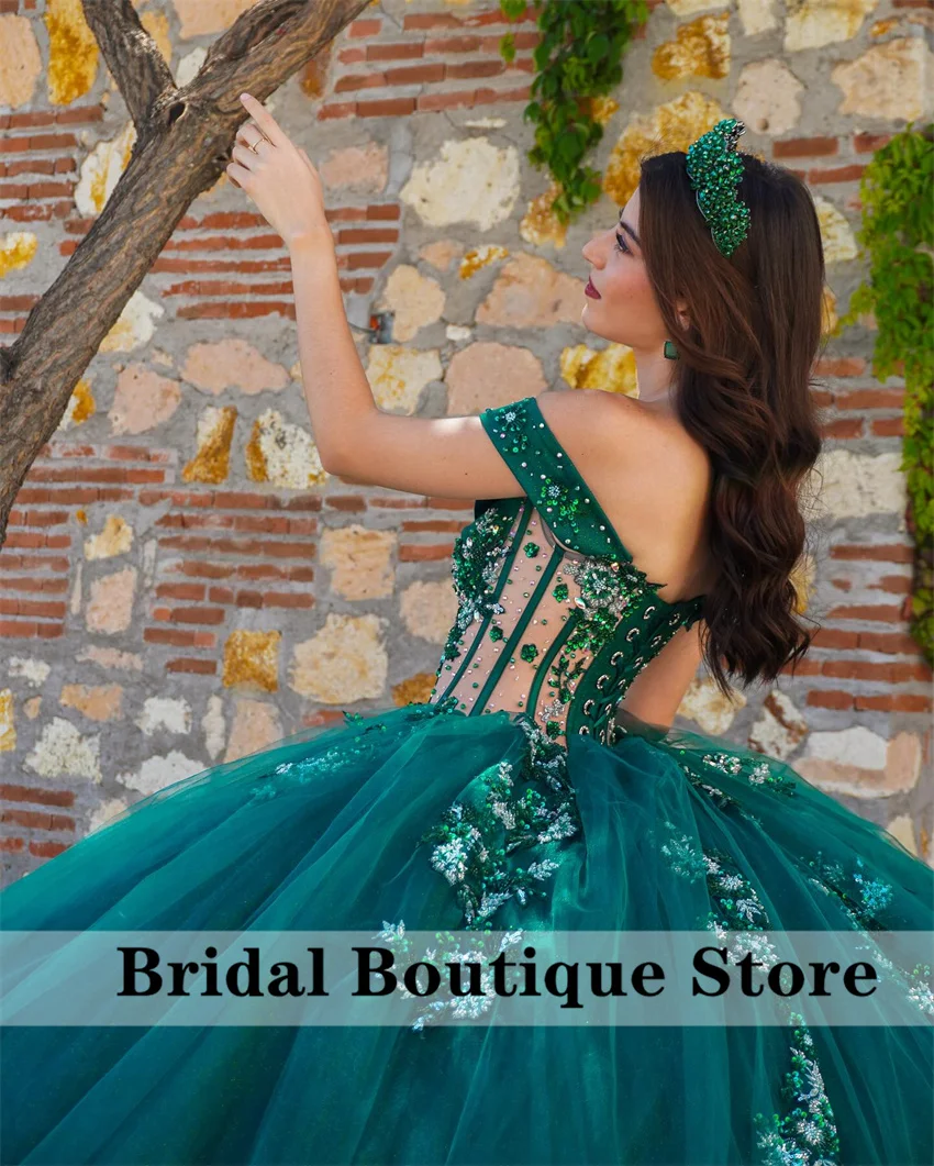 Vestido de quinceañera con apliques de flores verdes esmeralda, cuentas de cristales, vestido de baile de corte, desfile, dulce 15, fiesta, 2024