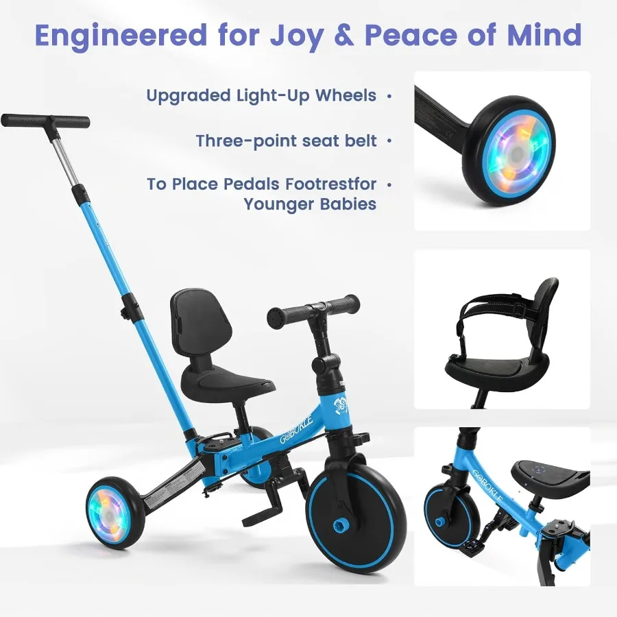 รถสามล้อเด็ก 5-in-1 สำหรับเด็กวัย 1-3 ปี แปลงเป็นจักรยานเด็กพร้อมที่จับสำหรับเข็นและถอดแป้นเหยียบได้ จักรยานทรงตัวพร้อมไฟหลากสี