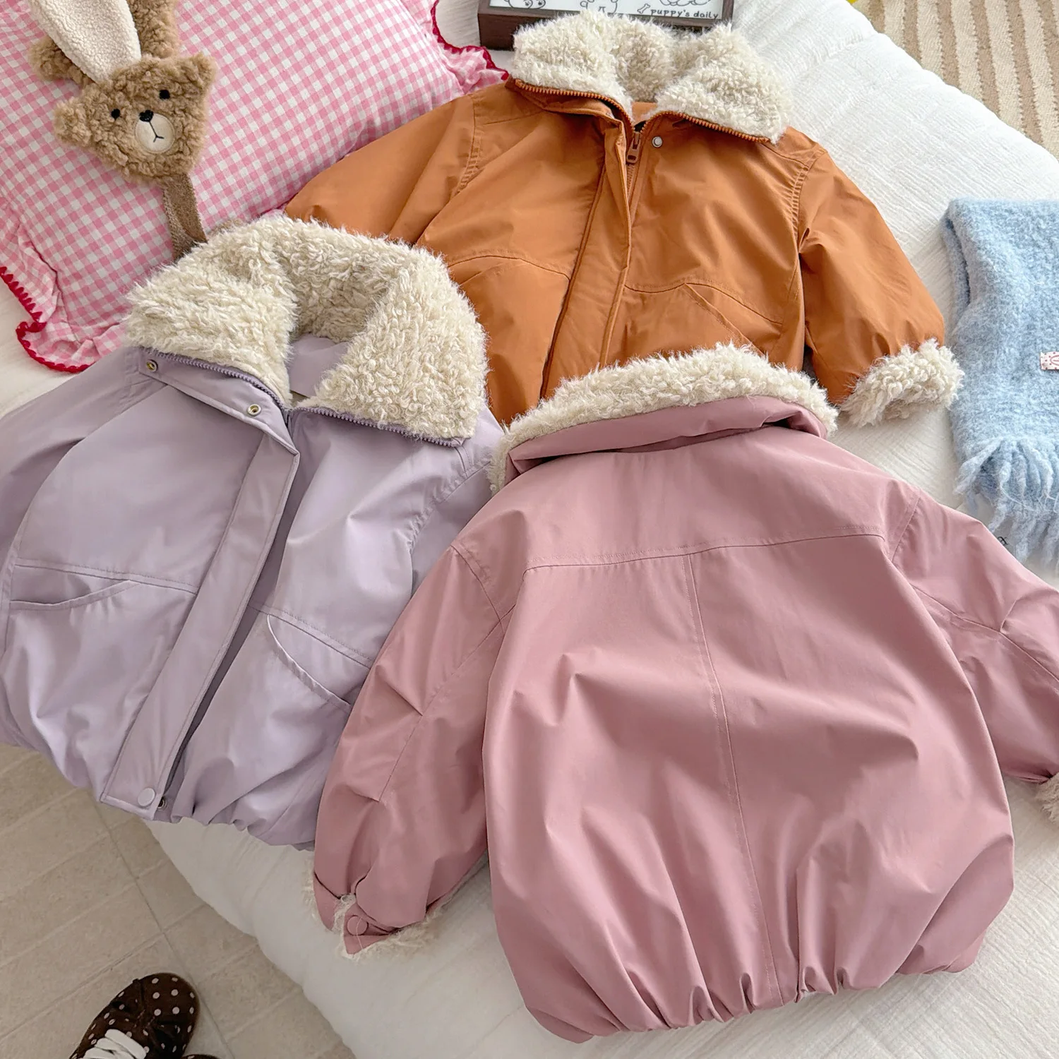 Girls Solid Classic Sherpa Collar Jacket 2026 Winter New Fleece Full Zip Loose Bomber Jacket Warm Top