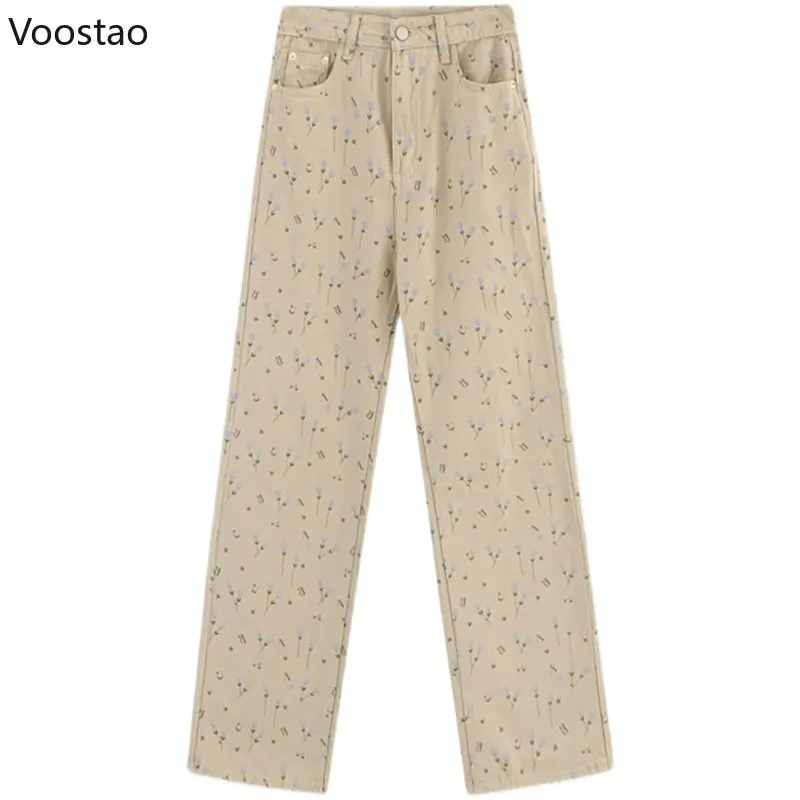 Fashion Elegant Jeans for Women Flower Print High Waist Pantalones De Mujer Casual Loose All Match Pants High Street Trousers