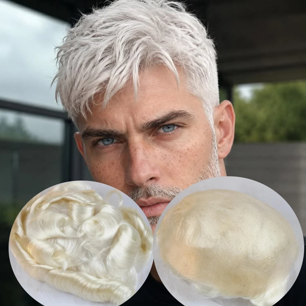 

Light Blonde Platinum 60r# 0.06mm Thin Skin Invisible Hairline White Sliver Grey Black 1B65 1B80 Men's Toupee Brown Prosthes Sys