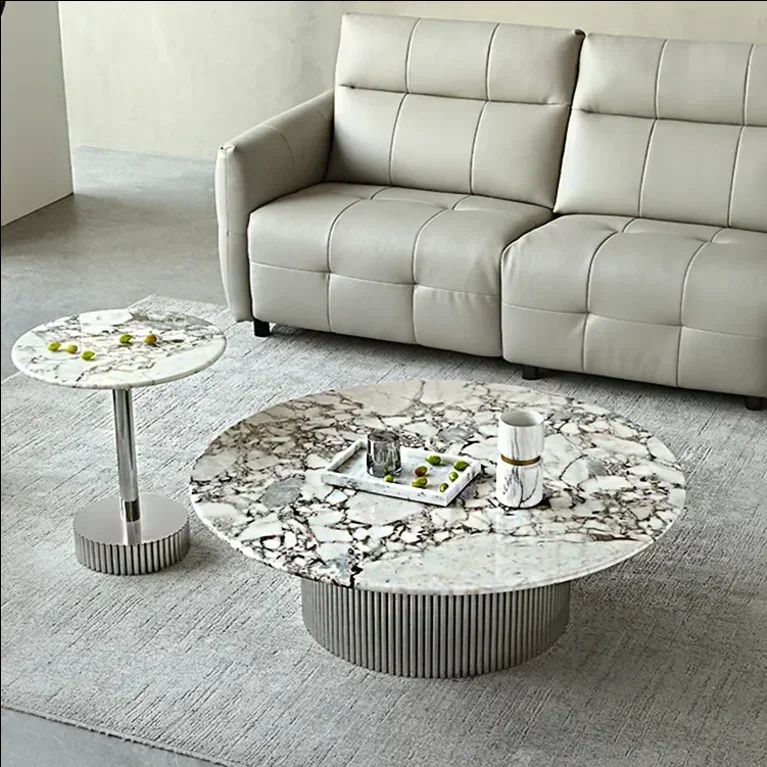 

z Light Luxury Natural Marble Round High And Low Tea Table Minimalist Luxury Stone Round coffee center Table Set
