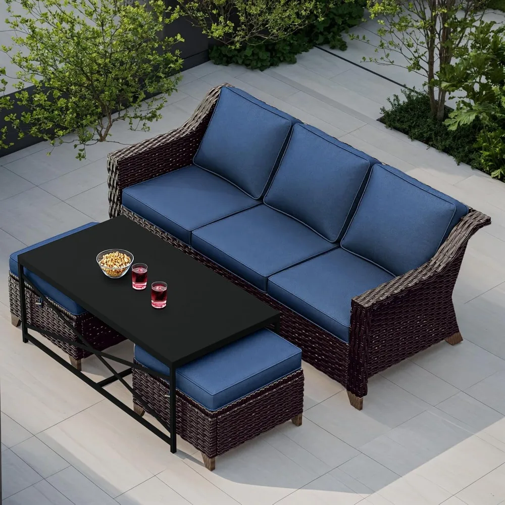 

4 Pieces Patio Furniture Set, 3-Seat Sofa with High Back and Premium Cushions, 2 Ottomans and 1 Coffee Table, for Outdoor Garden