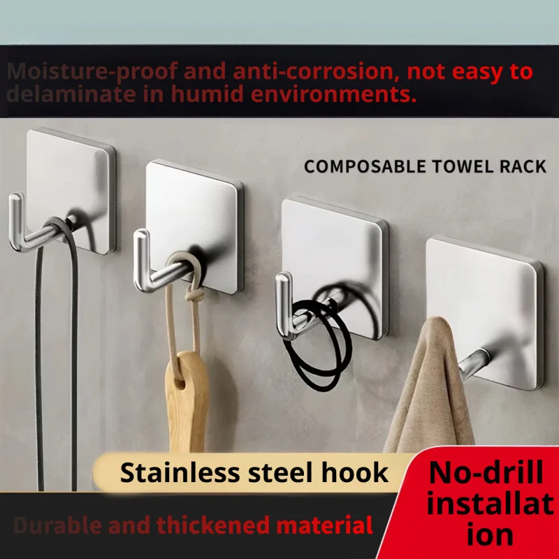 Heavy Duty Silver Stainless Steel Adhesive Towel Hook No Drill Bathroom Kitchen Storage Hanger
