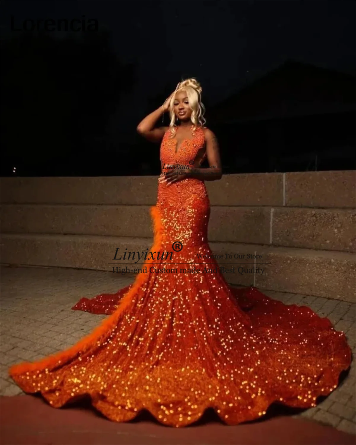 Sparkly Orange Mermaid Prom Dress for Black Girl Diamond Velvet High Slit Evening Gala Formal Party Dress Wear Feathers Gown