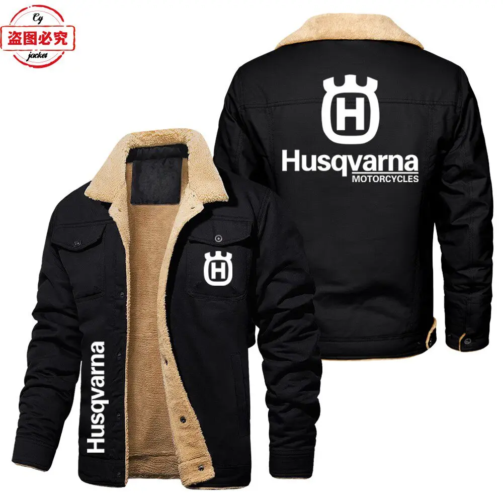 Husqvarna Logo Printed Cycling Suit with Fleece Insulation Men's Jacket Stand Up Collar Zipper Jacket Husqvarna Racing Suit