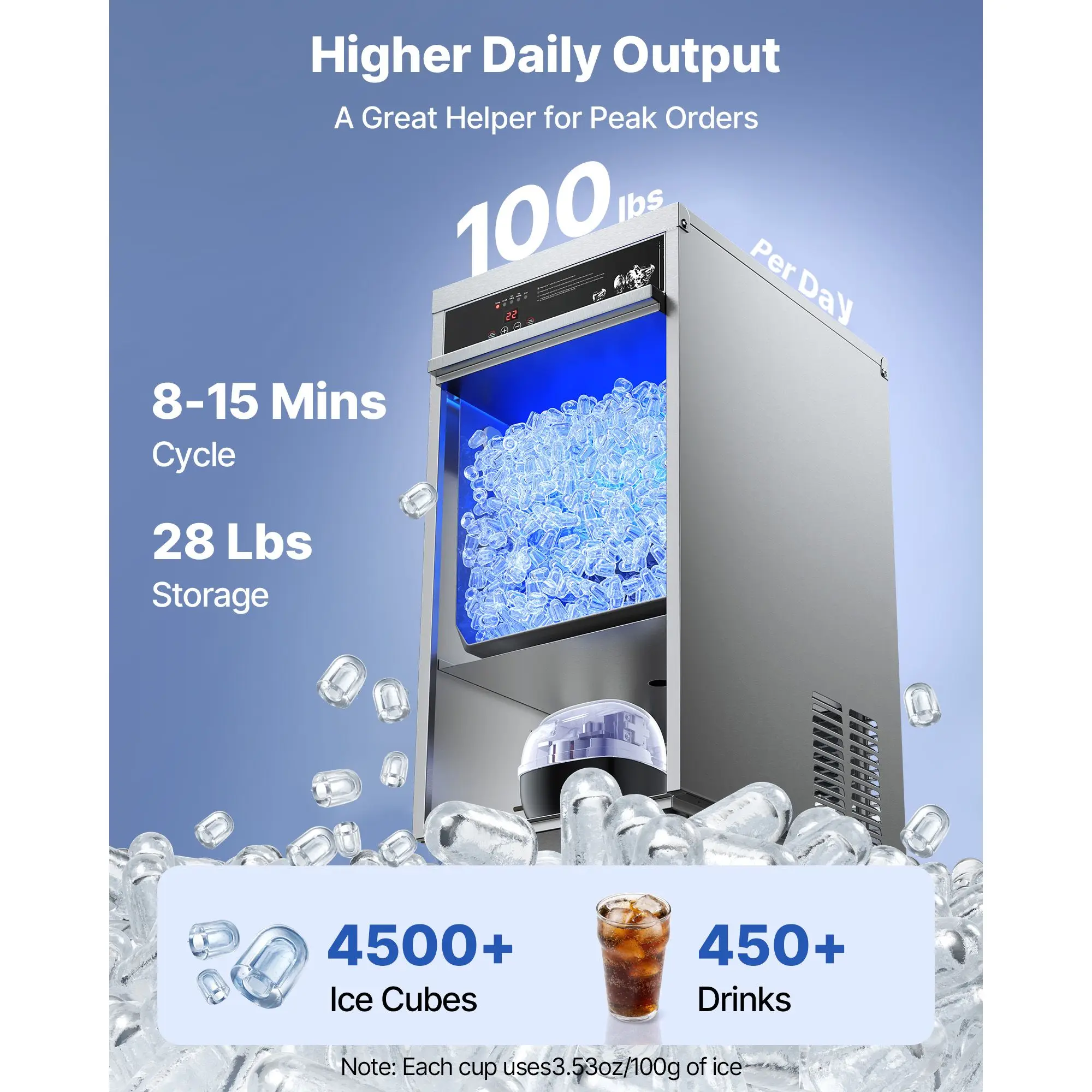 

Commercial Ice Maker Machine, 100 lbs/24h with 30-35 lbs Storage, Built-in/Freestanding/Under Counter, Stainless Steel Ice Maker with LED Display & Self-Cleaning, for Home Bar Restaurant