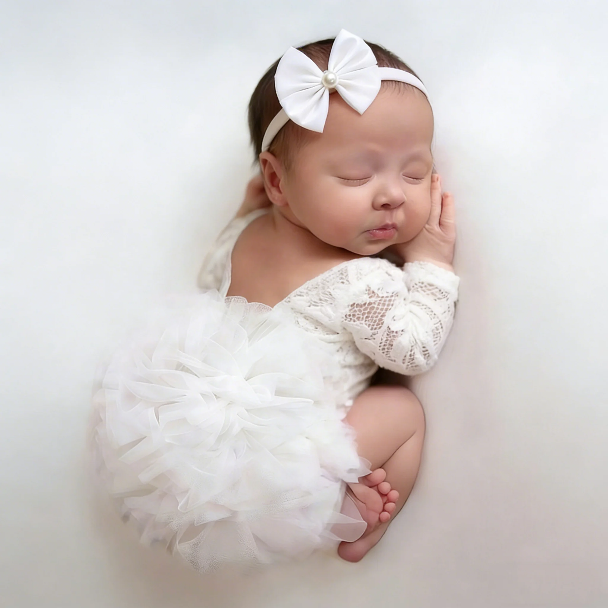Ylsteed Newborn Lace Flower Headband And Bodysuit Set For 100th Day Baby Photoshoot Outfit Infant Photo Prop Baby Shower Gift-HD view 6