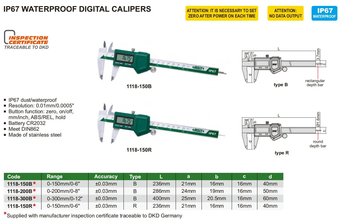 2025 INSIZE 1118-300B Electronic IP67 Waterproof Digital Vernier Caliper, 0-12