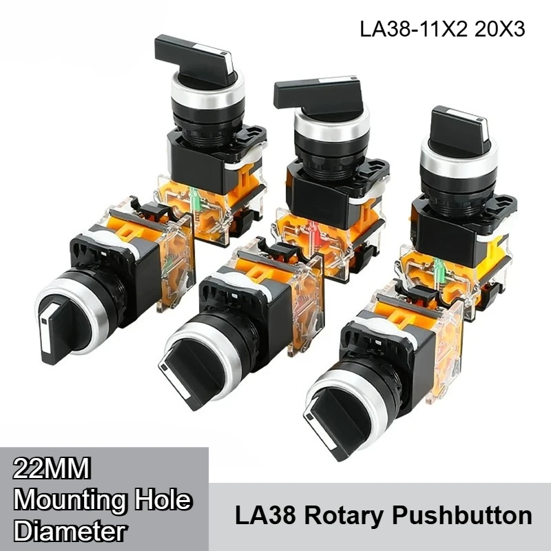 22MM LA38-11X2 20X3 Selector Knob Switch 2 3 Position Long Handle Latching Momentary 1NO1NC 2NO Rotary Switches
