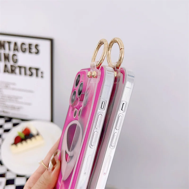 Pink Cartoon Disney Cute Lotso Milk Biscuit Phone Case For iPhone 11 12 13 14 15 Pro Max Soft Silicone Wrist Strap Bracket Cover