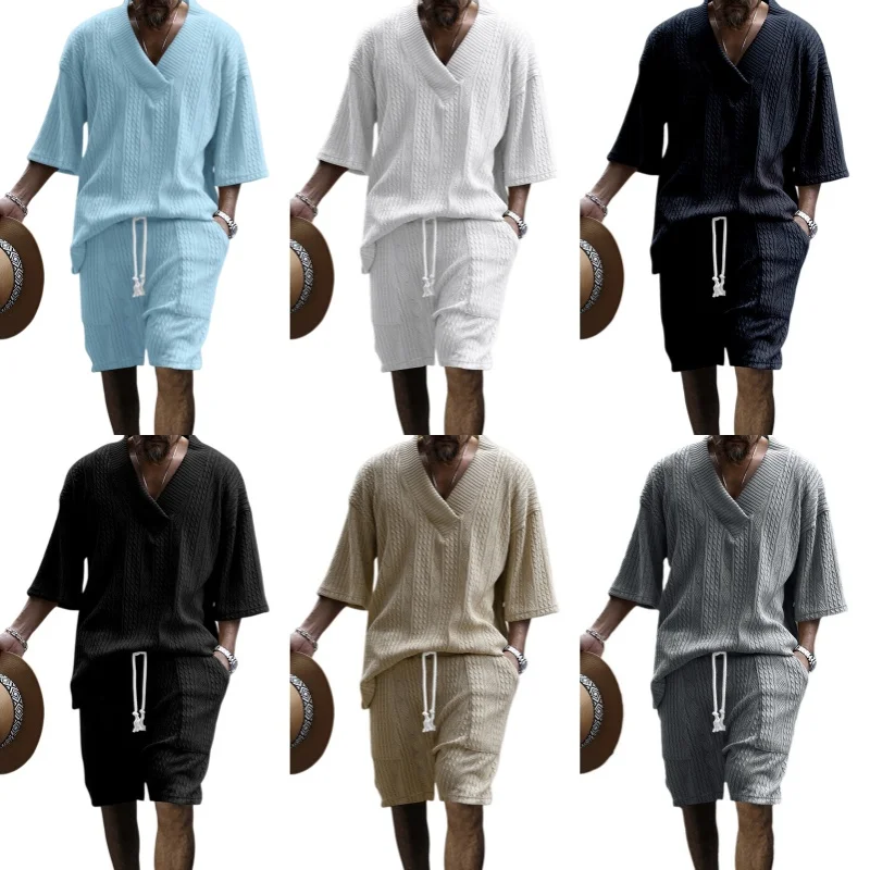 

New Summer Men's Set Loose Casual Sports Suit High-quality Cotton Jacquard V-neck Short-sleeved Shorts Two-piece Men's Clothing